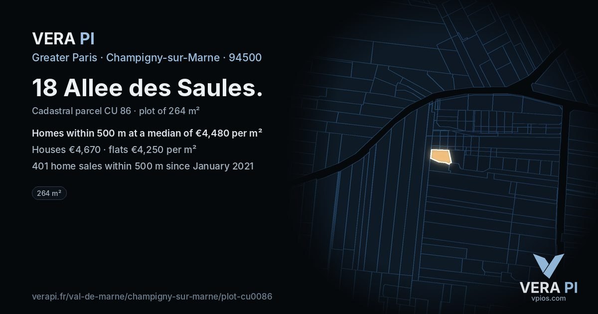 18 Allee des Saules, Champigny-sur-Marne at night – the plot lit, the parcels around coloured by the prices near them