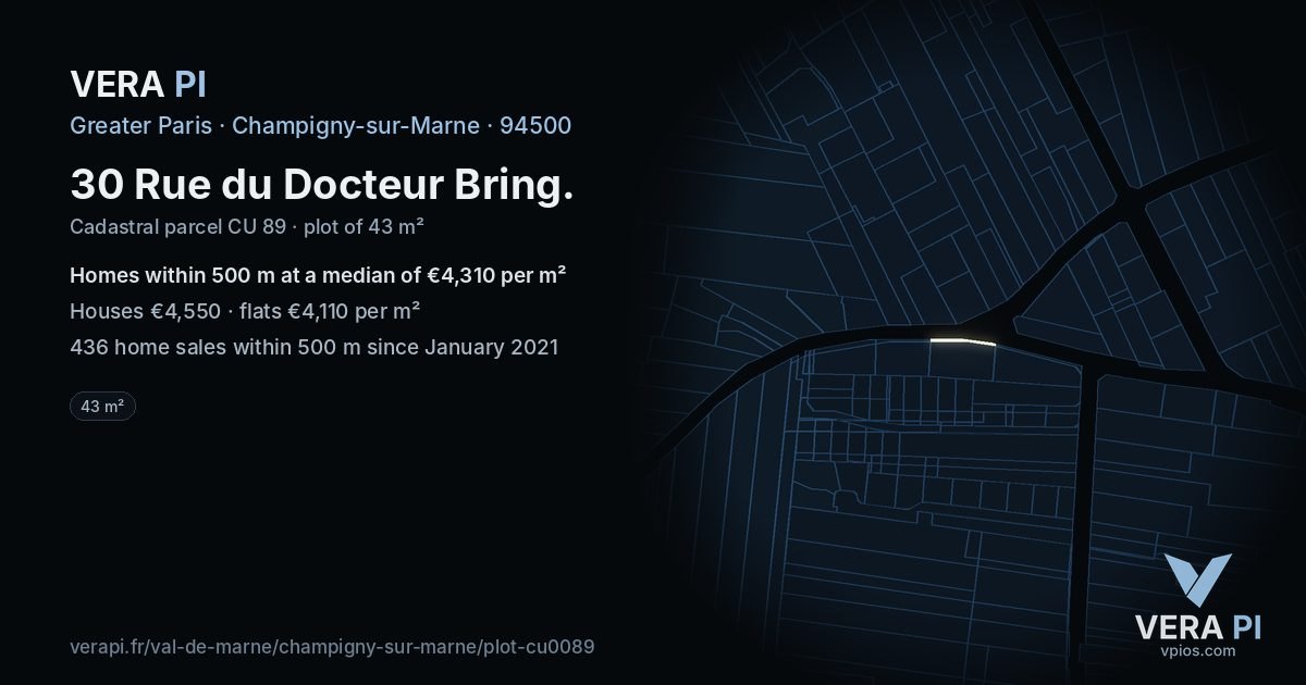 30 Rue du Docteur Bring, Champigny-sur-Marne at night – the plot lit, the parcels around coloured by the prices near them
