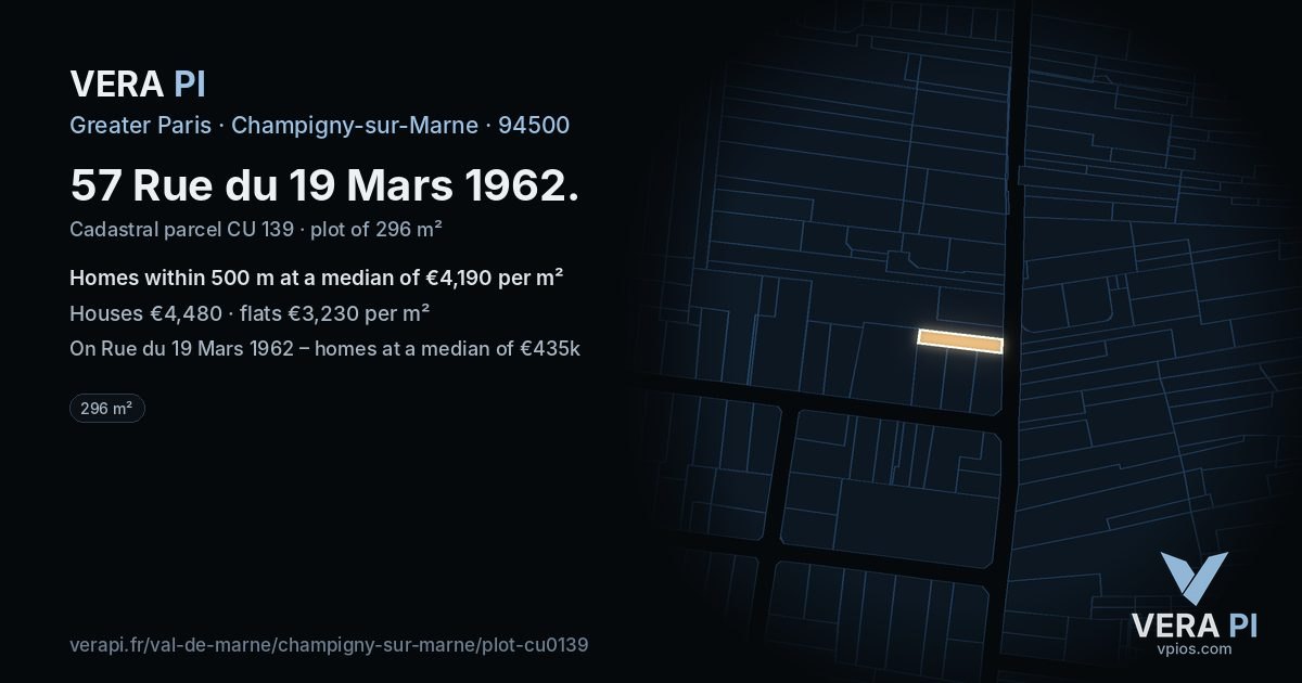 57 Rue du 19 Mars 1962, Champigny-sur-Marne at night – the plot lit, the parcels around coloured by the prices near them