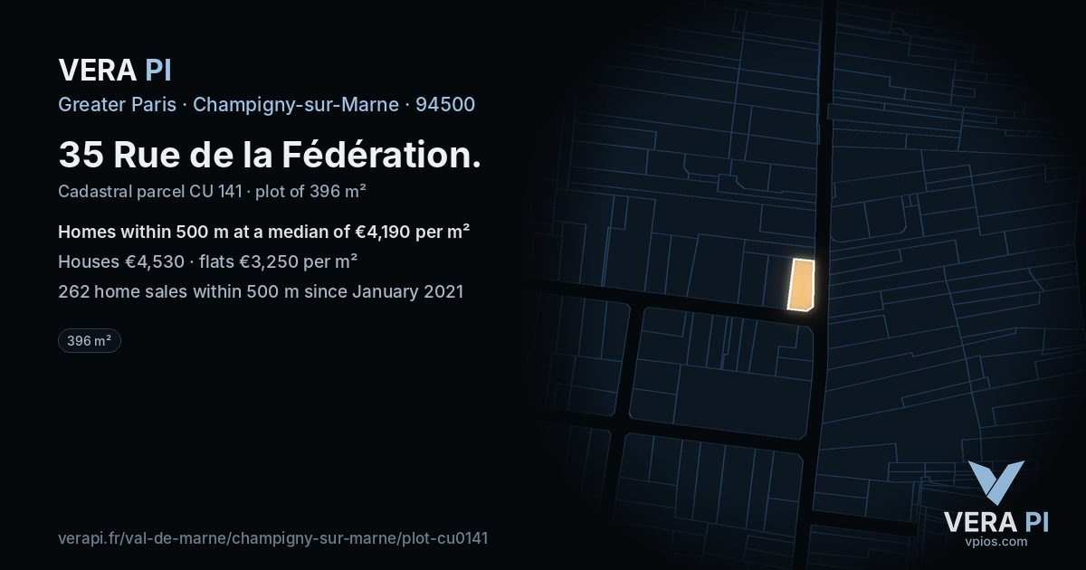 35 Rue de la Fédération, Champigny-sur-Marne at night – the plot lit, the parcels around coloured by the prices near them