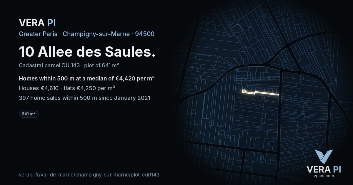 10 Allee des Saules, Champigny-sur-Marne at night – the plot lit, the parcels around coloured by the prices near them