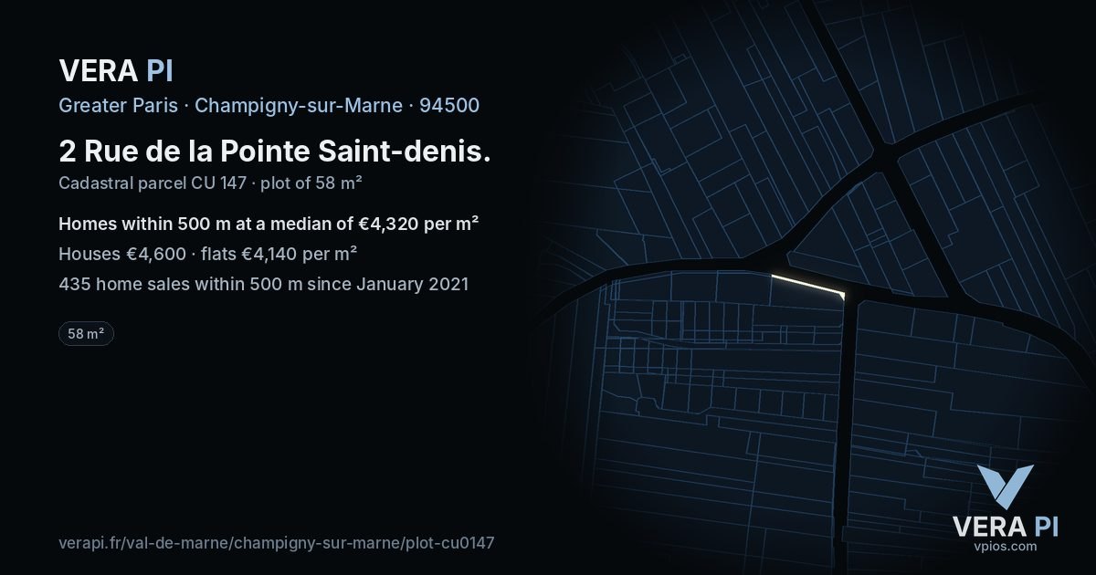 2 Rue de la Pointe Saint-denis, Champigny-sur-Marne at night – the plot lit, the parcels around coloured by the prices near them