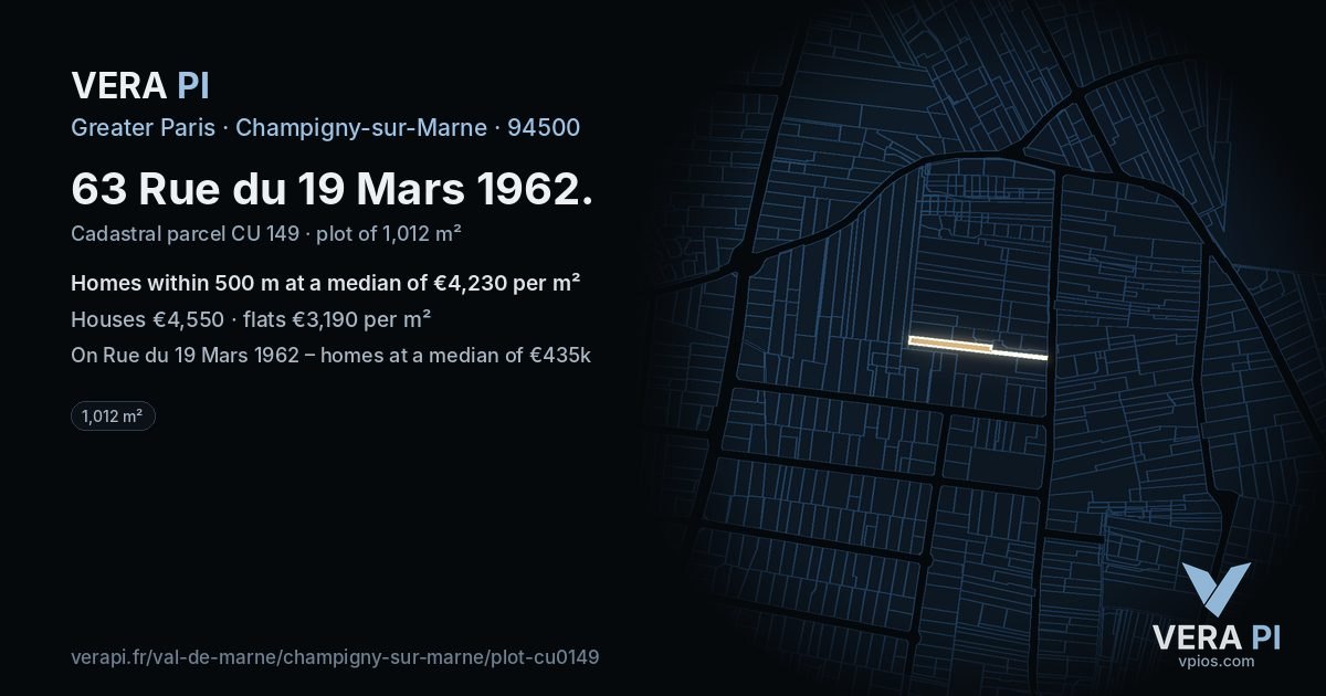 63 Rue du 19 Mars 1962, Champigny-sur-Marne at night – the plot lit, the parcels around coloured by the prices near them