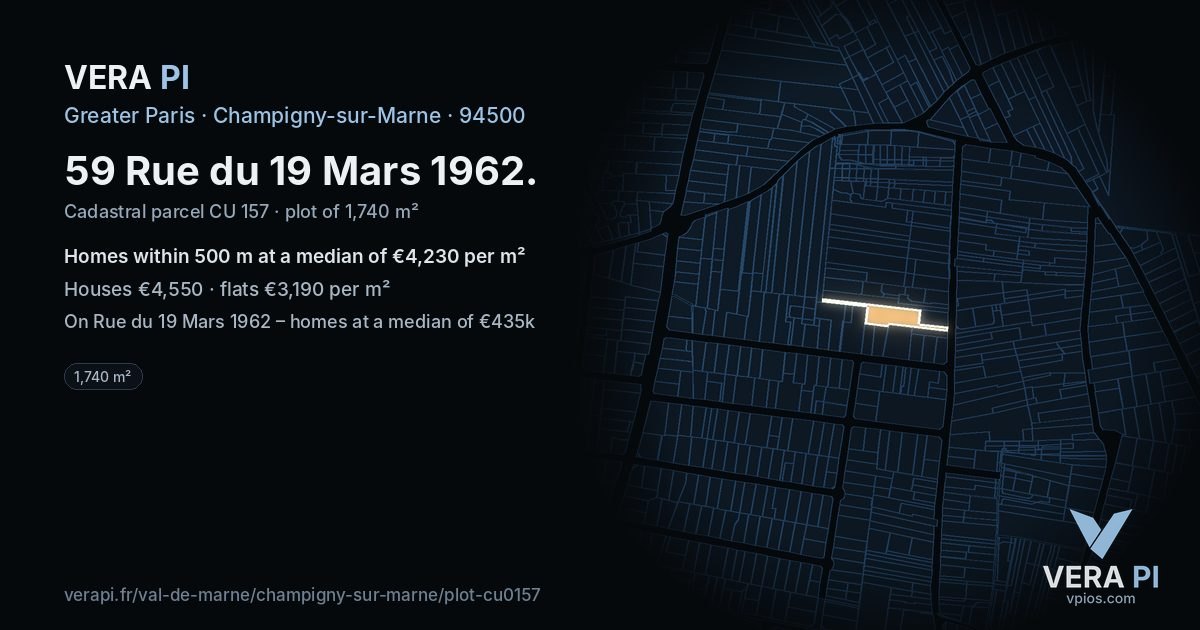 59 Rue du 19 Mars 1962, Champigny-sur-Marne at night – the plot lit, the parcels around coloured by the prices near them