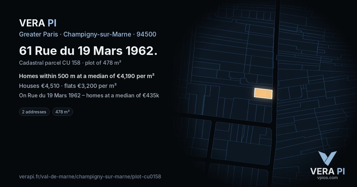 61 Rue du 19 Mars 1962, Champigny-sur-Marne at night – the plot lit, the parcels around coloured by the prices near them
