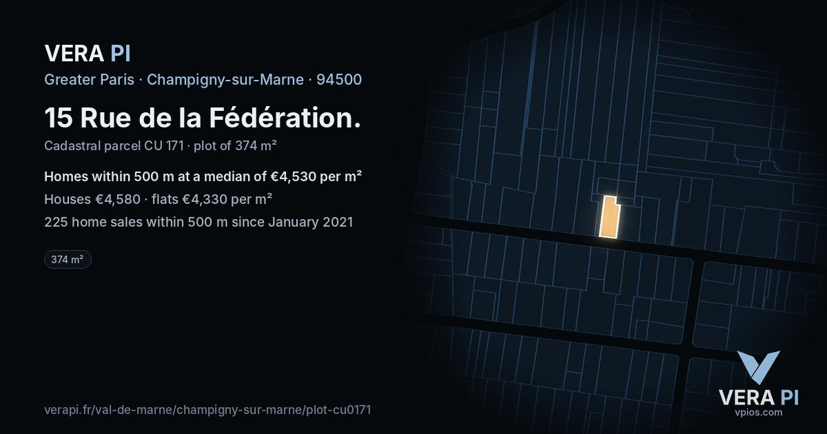15 Rue de la Fédération, Champigny-sur-Marne at night – the plot lit, the parcels around coloured by the prices near them