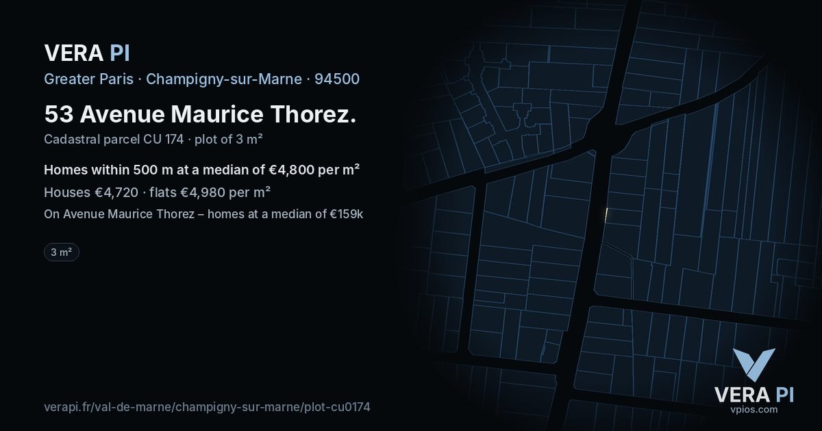53 Avenue Maurice Thorez, Champigny-sur-Marne at night – the plot lit, the parcels around coloured by the prices near them