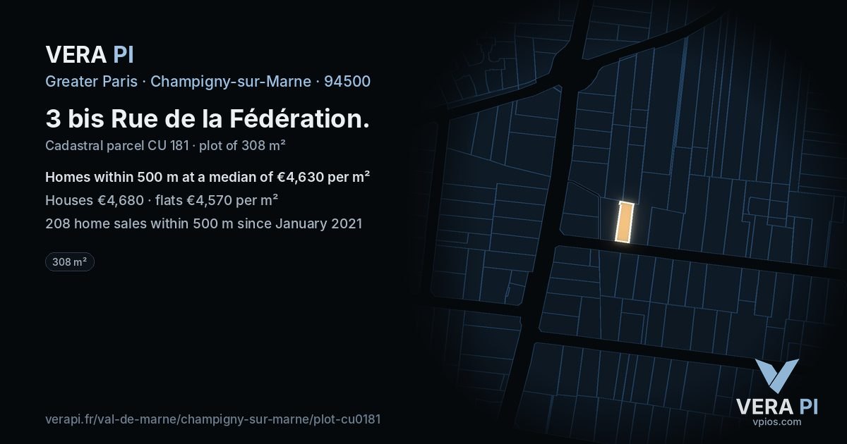 3 bis Rue de la Fédération, Champigny-sur-Marne at night – the plot lit, the parcels around coloured by the prices near them