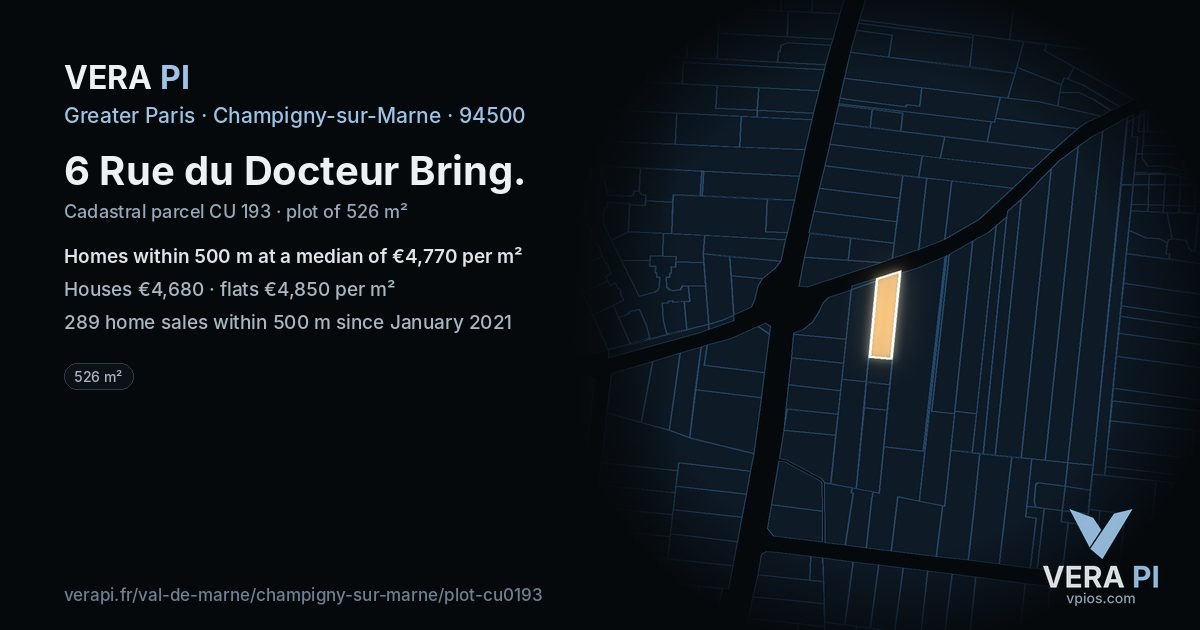 6 Rue du Docteur Bring, Champigny-sur-Marne at night – the plot lit, the parcels around coloured by the prices near them
