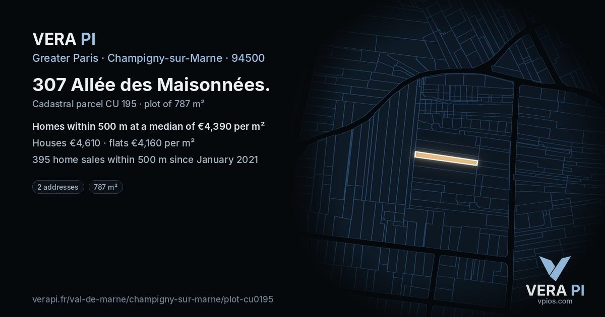 307 Allée des Maisonnées, Champigny-sur-Marne at night – the plot lit, the parcels around coloured by the prices near them
