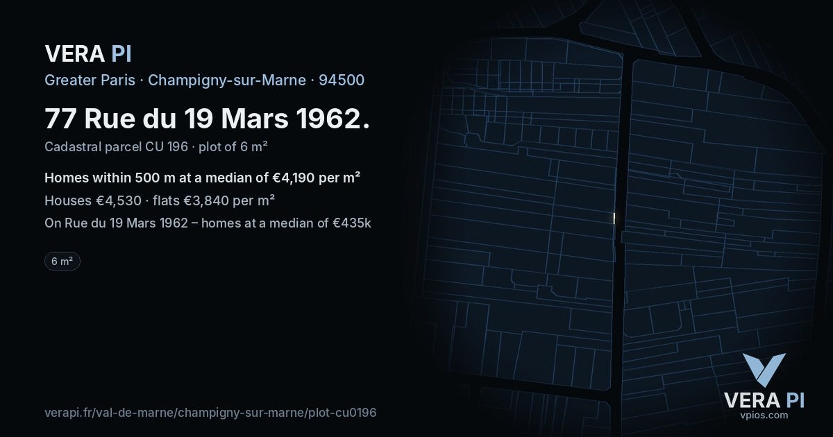77 Rue du 19 Mars 1962, Champigny-sur-Marne at night – the plot lit, the parcels around coloured by the prices near them