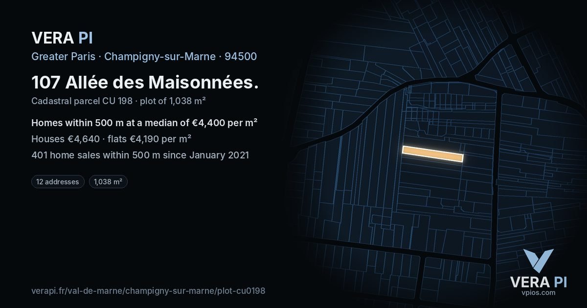 107 Allée des Maisonnées, Champigny-sur-Marne at night – the plot lit, the parcels around coloured by the prices near them