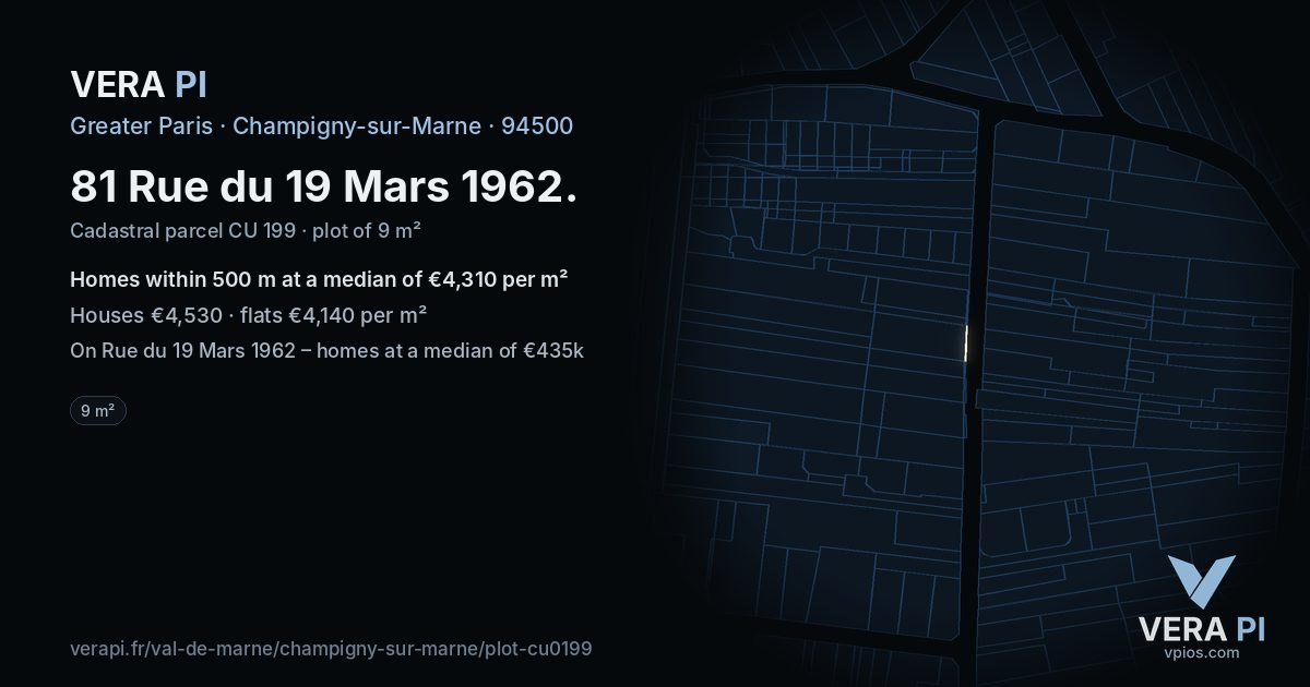 81 Rue du 19 Mars 1962, Champigny-sur-Marne at night – the plot lit, the parcels around coloured by the prices near them