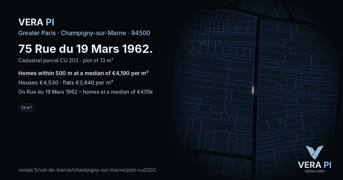 75 Rue du 19 Mars 1962, Champigny-sur-Marne at night – the plot lit, the parcels around coloured by the prices near them