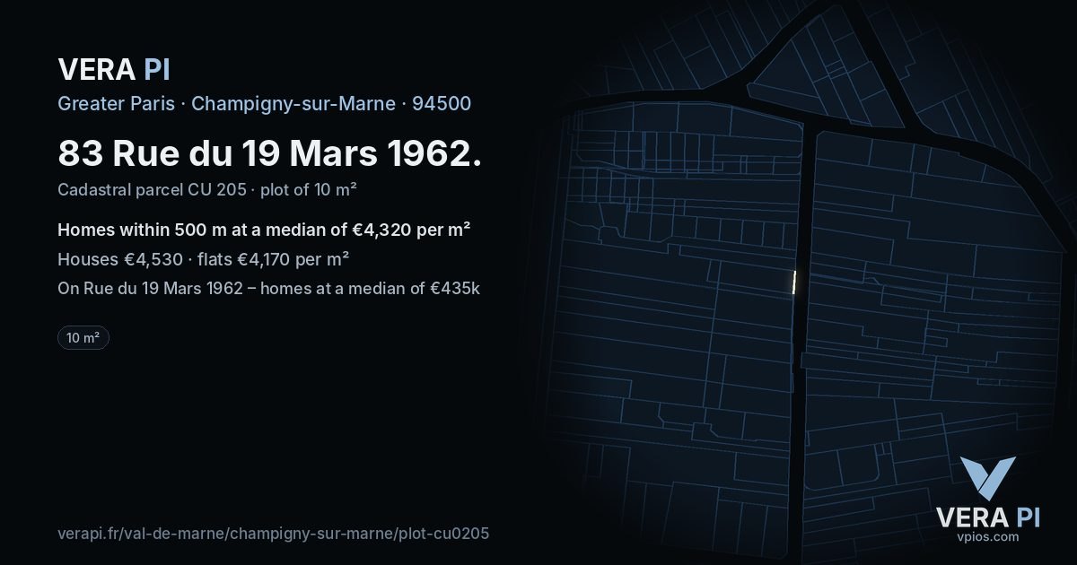 83 Rue du 19 Mars 1962, Champigny-sur-Marne at night – the plot lit, the parcels around coloured by the prices near them