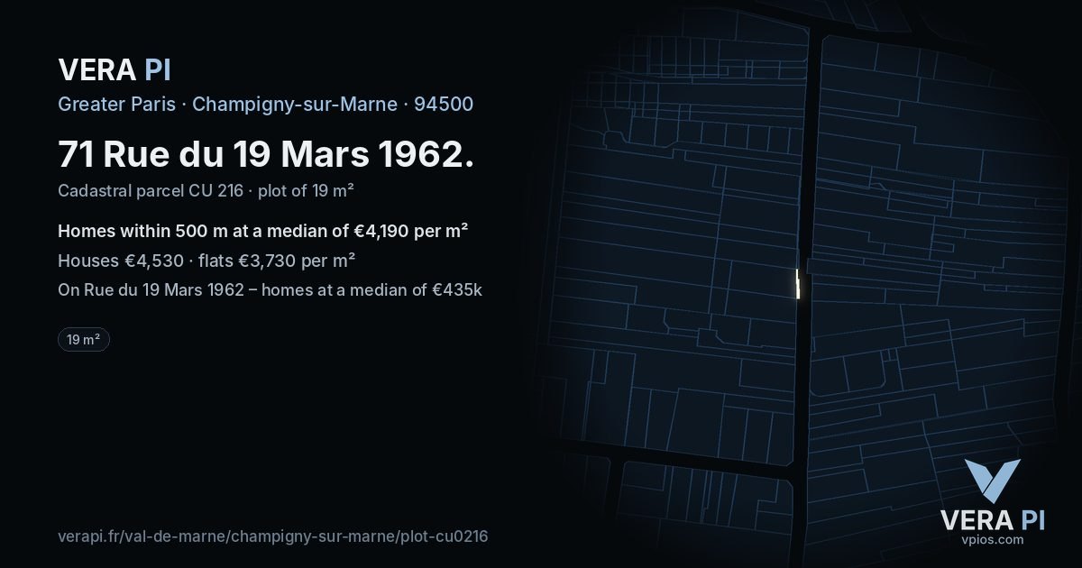 71 Rue du 19 Mars 1962, Champigny-sur-Marne at night – the plot lit, the parcels around coloured by the prices near them