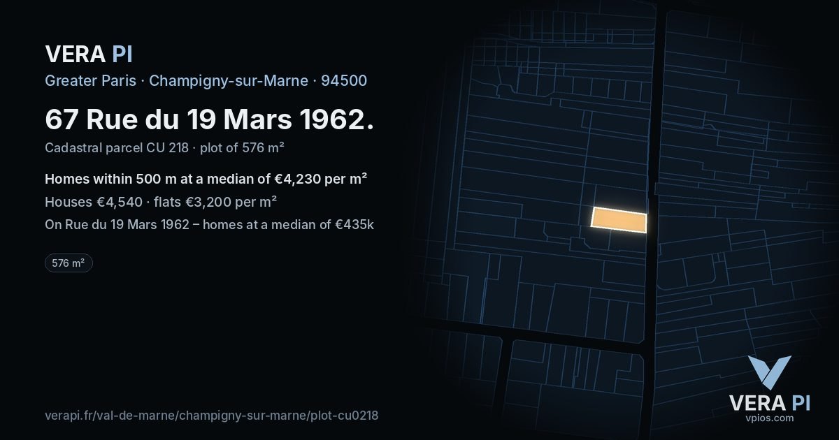 67 Rue du 19 Mars 1962, Champigny-sur-Marne at night – the plot lit, the parcels around coloured by the prices near them