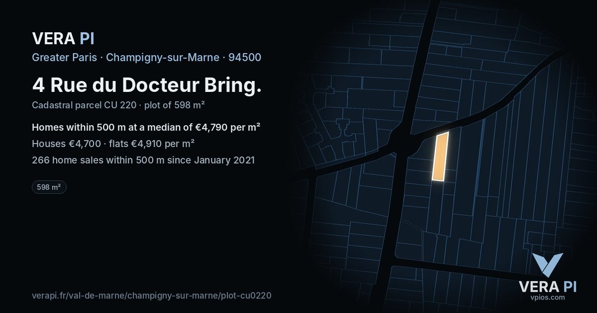 4 Rue du Docteur Bring, Champigny-sur-Marne at night – the plot lit, the parcels around coloured by the prices near them