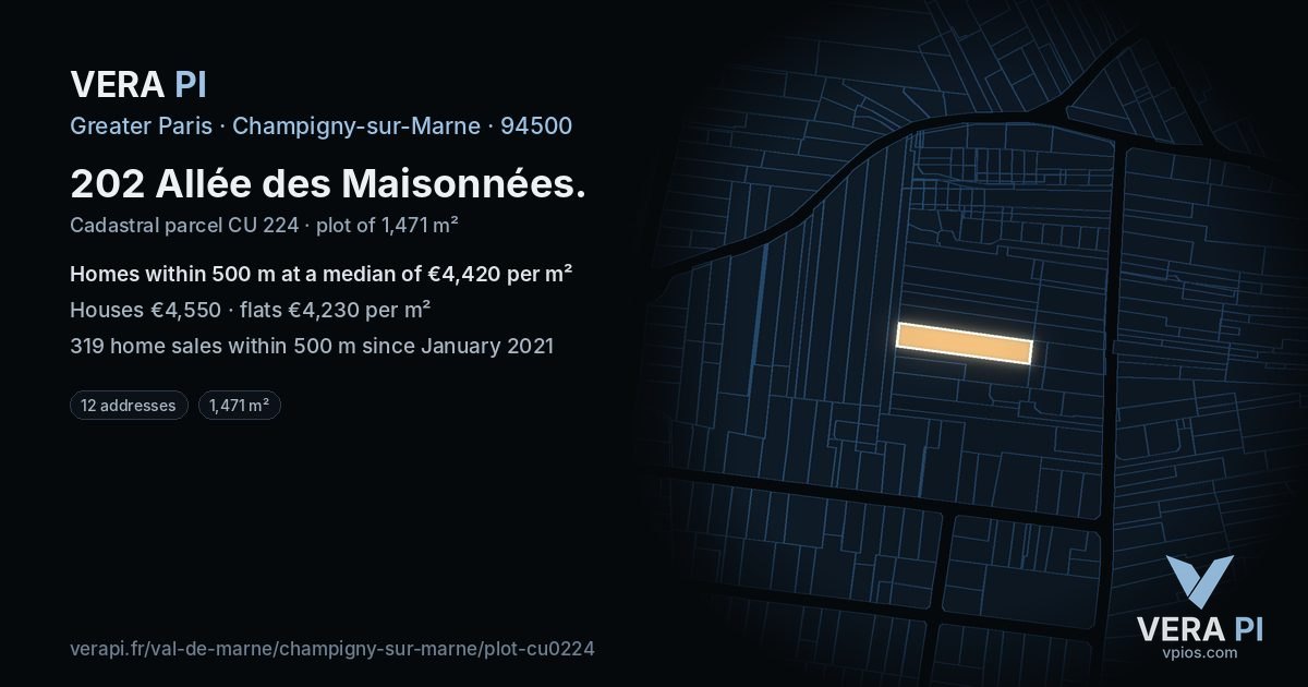 202 Allée des Maisonnées, Champigny-sur-Marne at night – the plot lit, the parcels around coloured by the prices near them