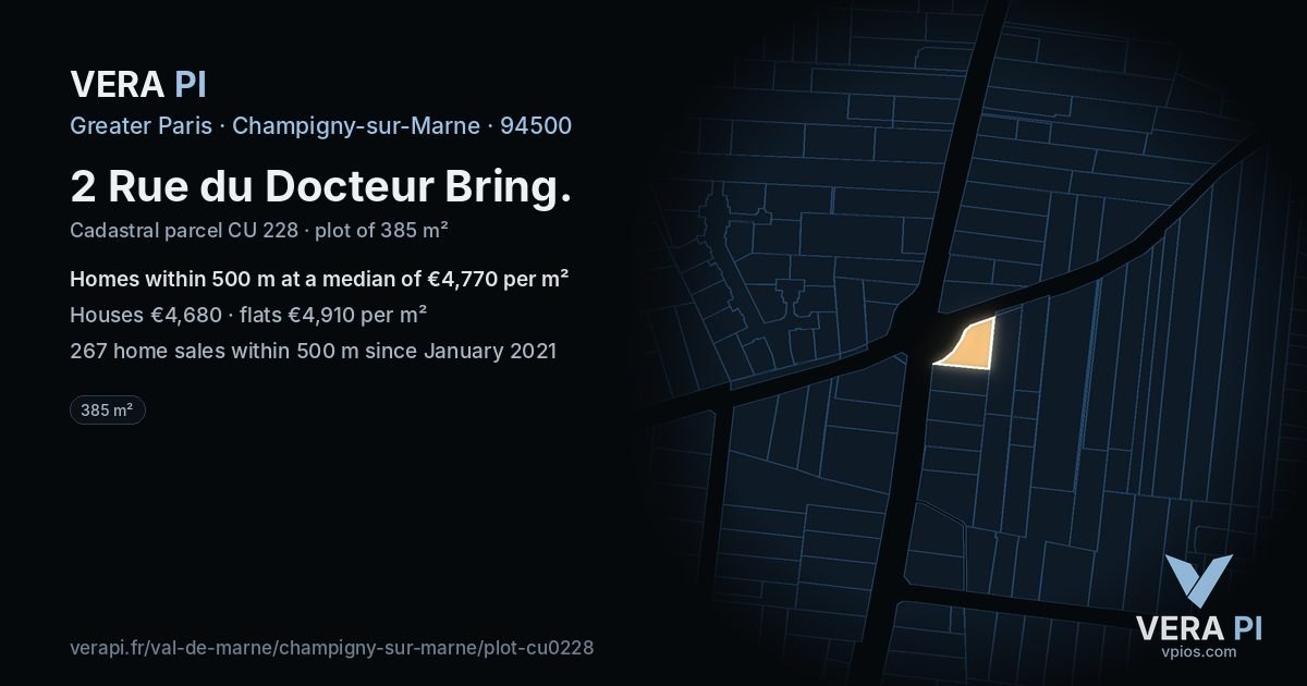 2 Rue du Docteur Bring, Champigny-sur-Marne at night – the plot lit, the parcels around coloured by the prices near them