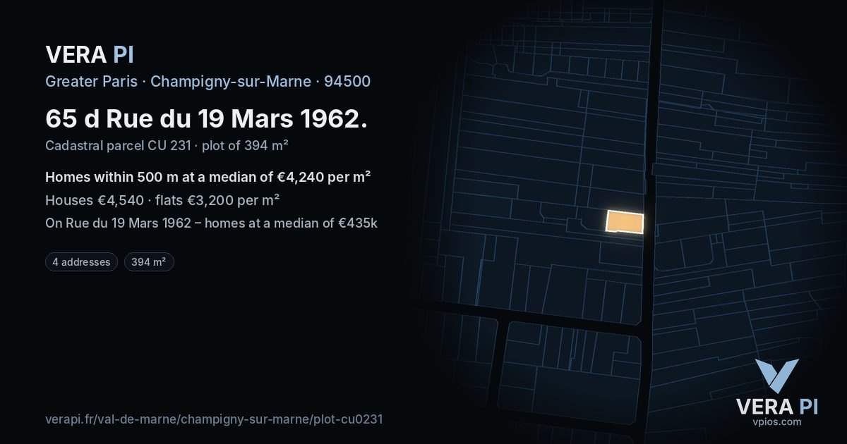 65 d Rue du 19 Mars 1962, Champigny-sur-Marne at night – the plot lit, the parcels around coloured by the prices near them