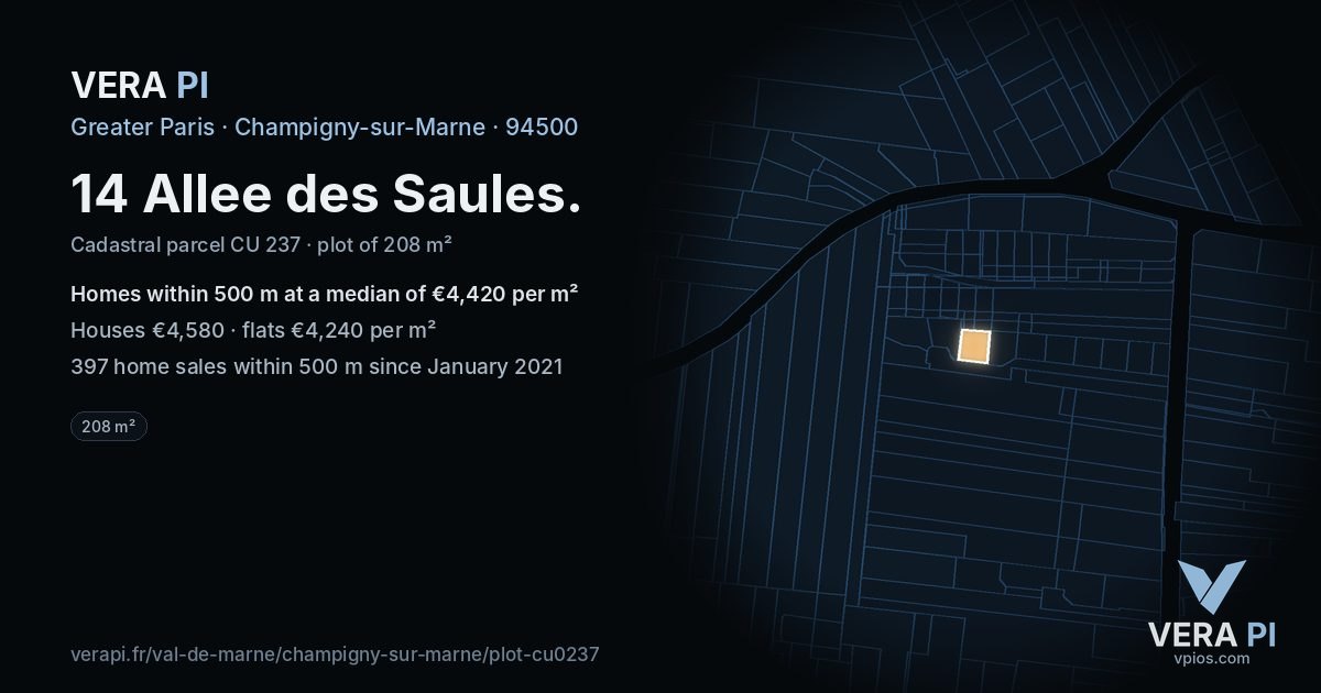 14 Allee des Saules, Champigny-sur-Marne at night – the plot lit, the parcels around coloured by the prices near them