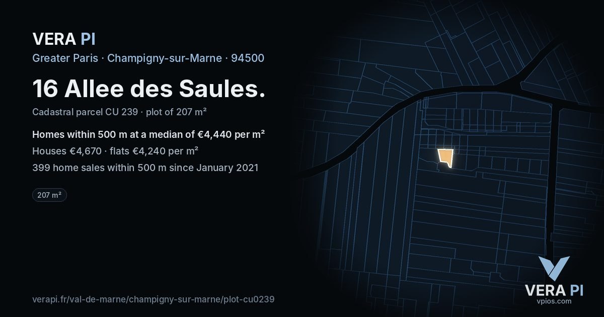 16 Allee des Saules, Champigny-sur-Marne at night – the plot lit, the parcels around coloured by the prices near them
