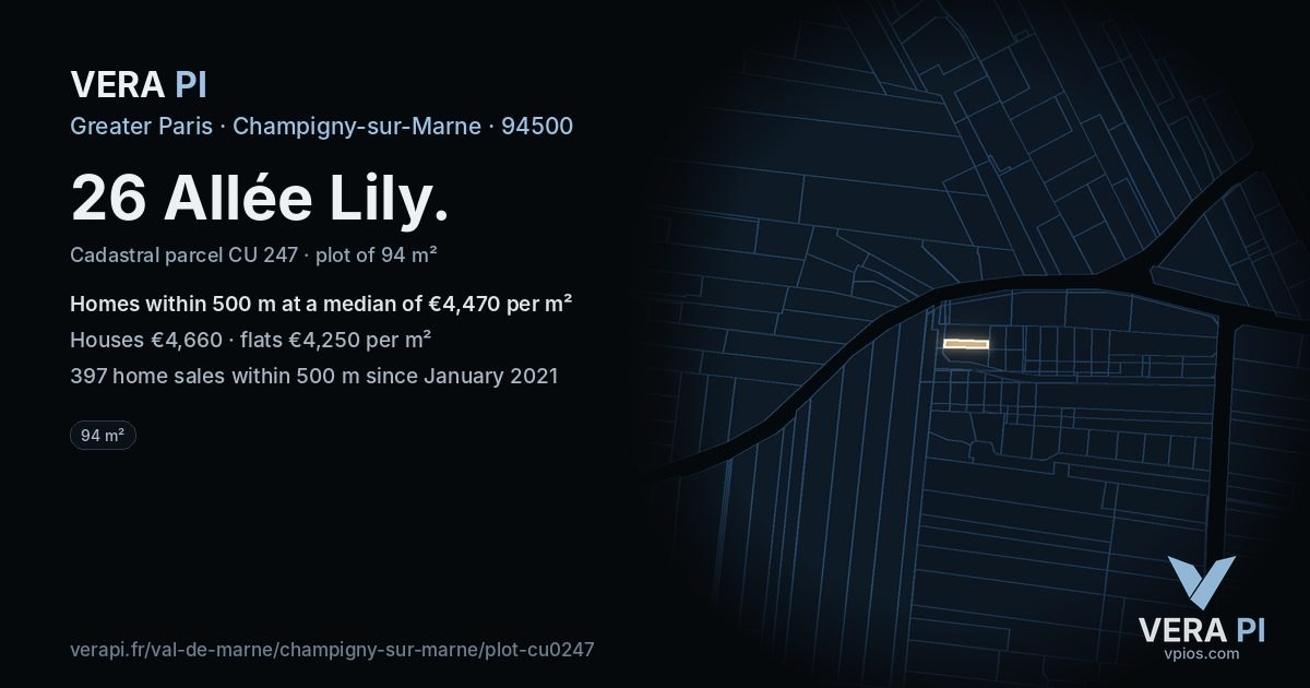 26 Allée Lily, Champigny-sur-Marne at night – the plot lit, the parcels around coloured by the prices near them