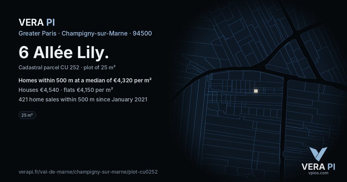 6 Allée Lily, Champigny-sur-Marne at night – the plot lit, the parcels around coloured by the prices near them