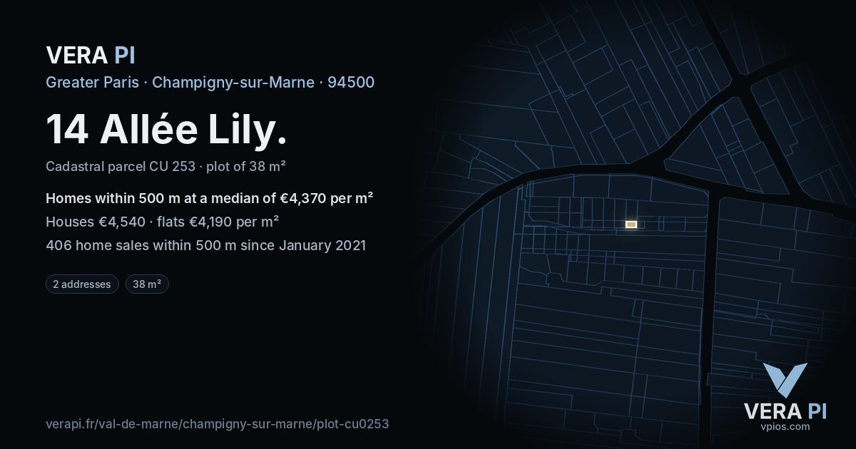 14 Allée Lily, Champigny-sur-Marne at night – the plot lit, the parcels around coloured by the prices near them