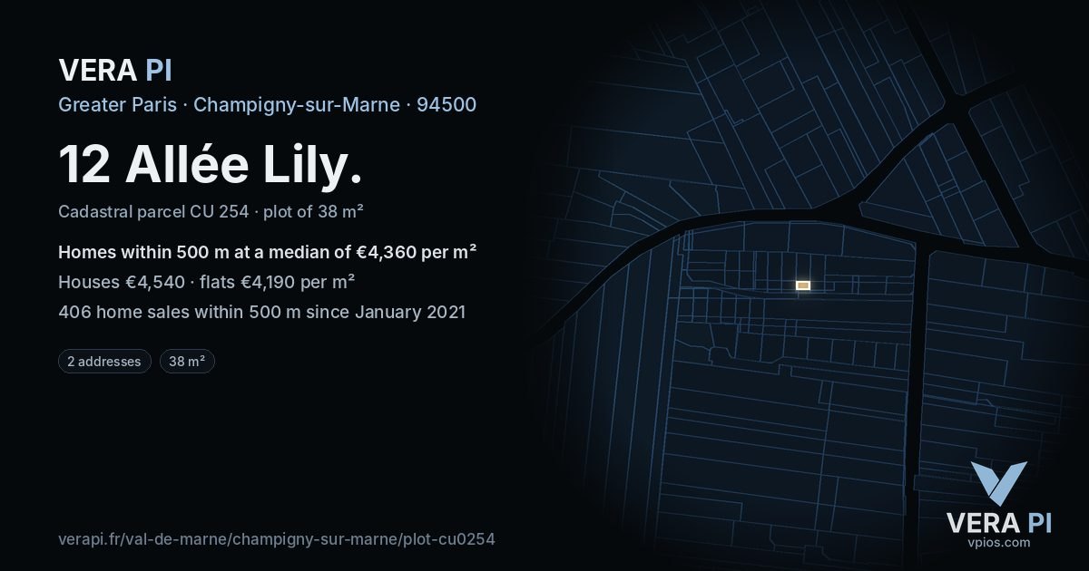 12 Allée Lily, Champigny-sur-Marne at night – the plot lit, the parcels around coloured by the prices near them