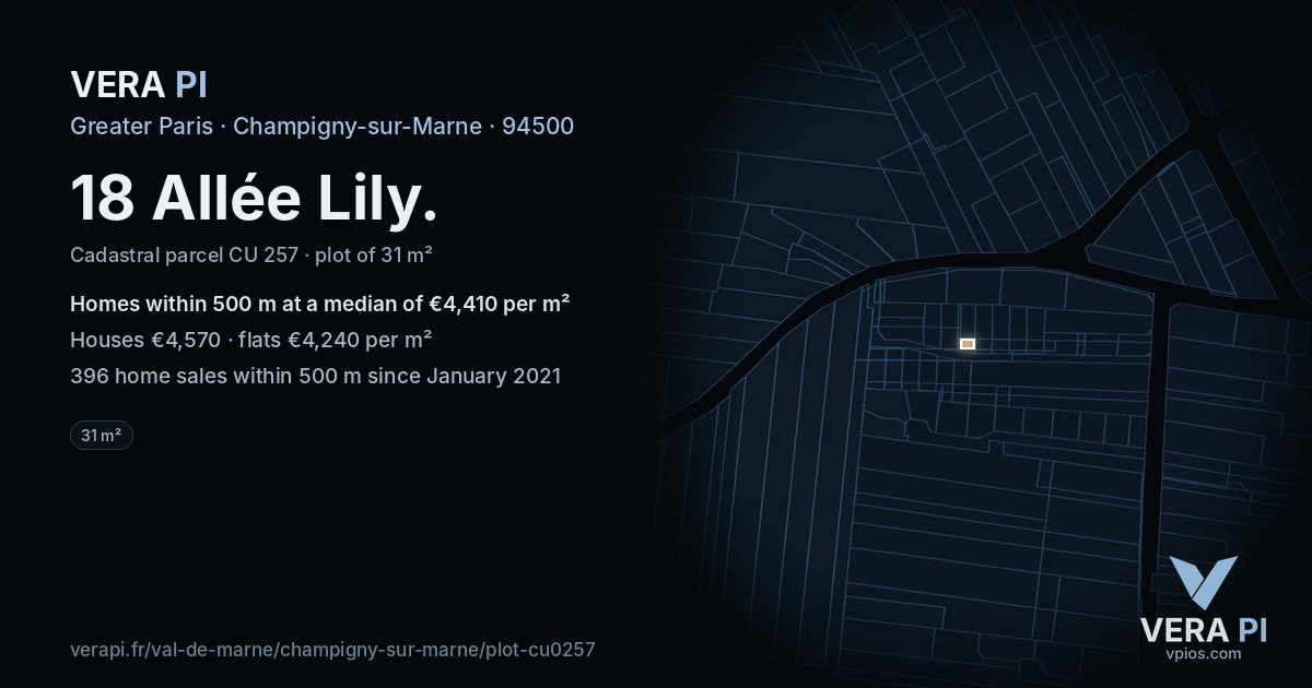 18 Allée Lily, Champigny-sur-Marne at night – the plot lit, the parcels around coloured by the prices near them