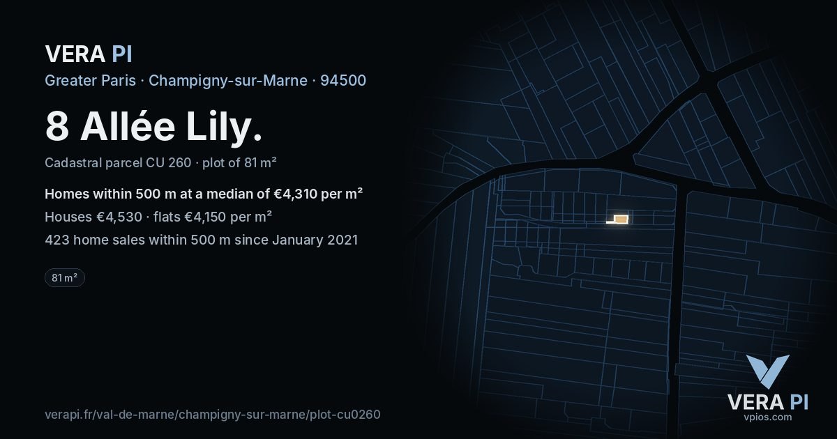 8 Allée Lily, Champigny-sur-Marne at night – the plot lit, the parcels around coloured by the prices near them