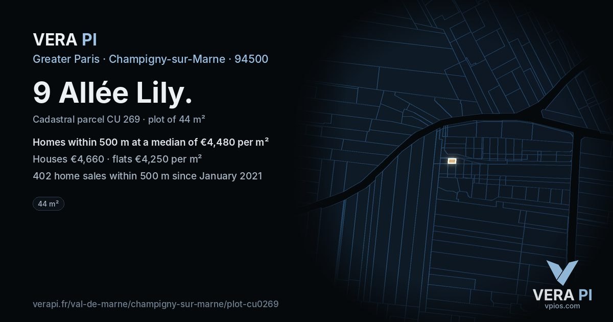 9 Allée Lily, Champigny-sur-Marne at night – the plot lit, the parcels around coloured by the prices near them