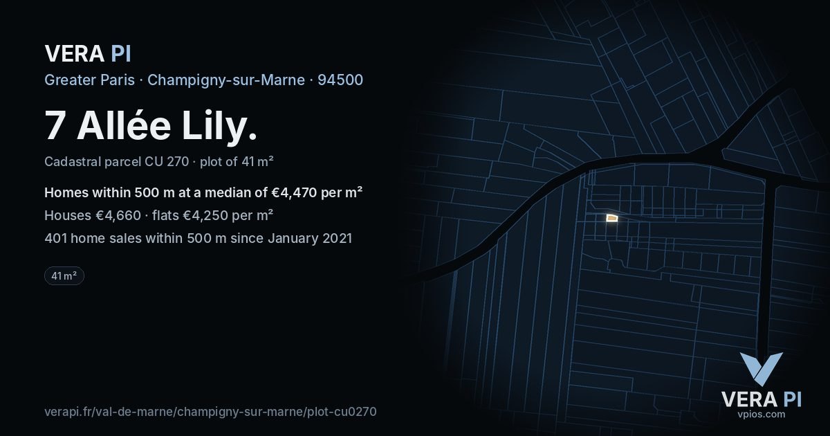 7 Allée Lily, Champigny-sur-Marne at night – the plot lit, the parcels around coloured by the prices near them