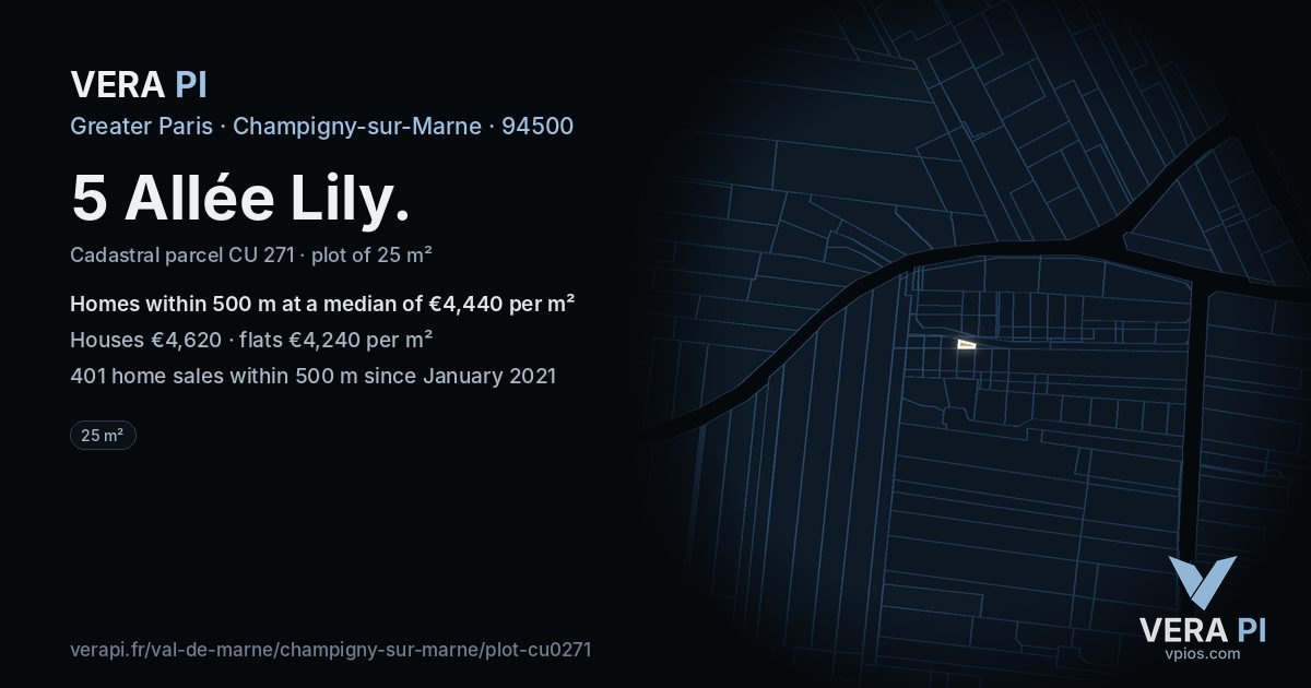 5 Allée Lily, Champigny-sur-Marne at night – the plot lit, the parcels around coloured by the prices near them