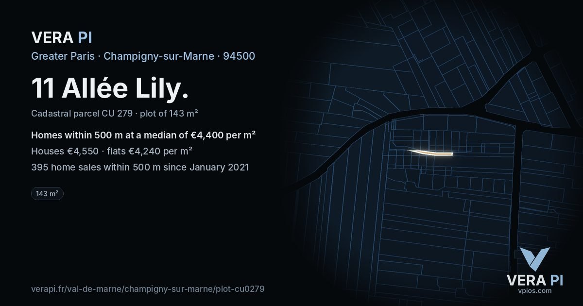 11 Allée Lily, Champigny-sur-Marne at night – the plot lit, the parcels around coloured by the prices near them