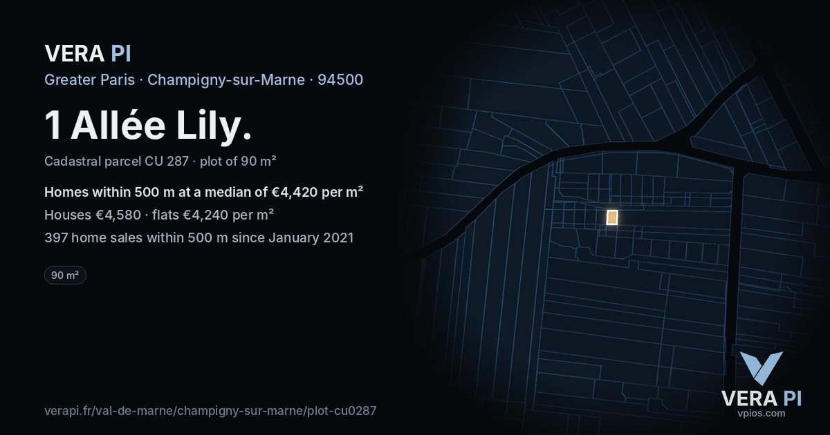 1 Allée Lily, Champigny-sur-Marne at night – the plot lit, the parcels around coloured by the prices near them