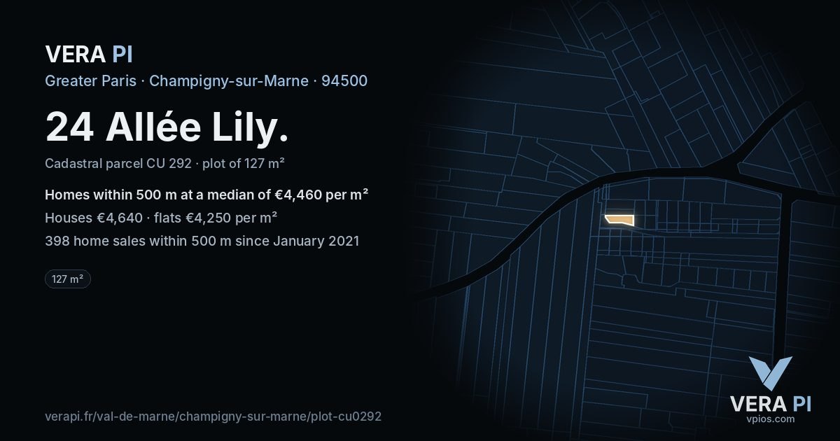 24 Allée Lily, Champigny-sur-Marne at night – the plot lit, the parcels around coloured by the prices near them