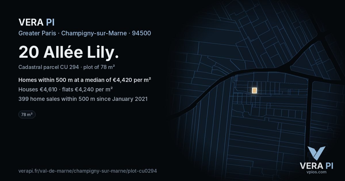 20 Allée Lily, Champigny-sur-Marne at night – the plot lit, the parcels around coloured by the prices near them