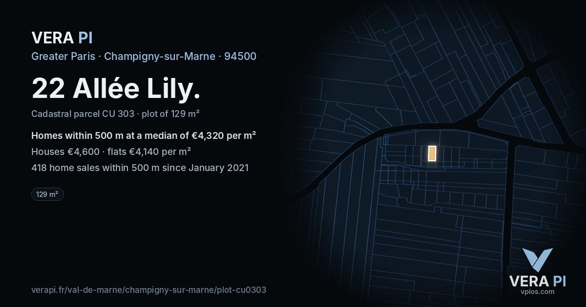 22 Allée Lily, Champigny-sur-Marne at night – the plot lit, the parcels around coloured by the prices near them
