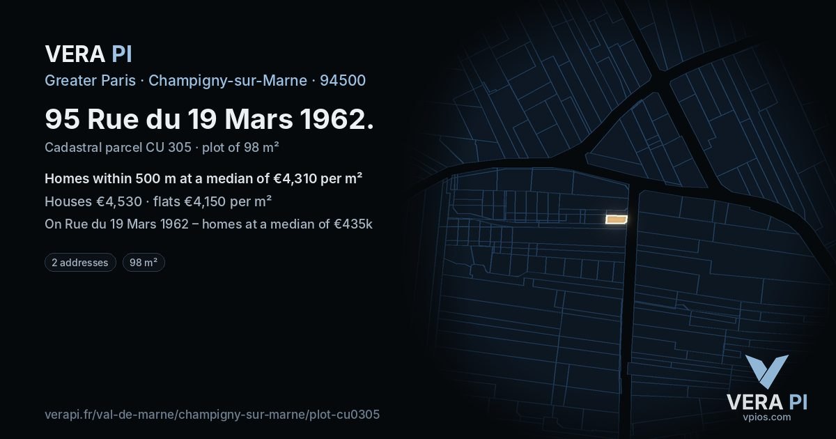 95 Rue du 19 Mars 1962, Champigny-sur-Marne at night – the plot lit, the parcels around coloured by the prices near them