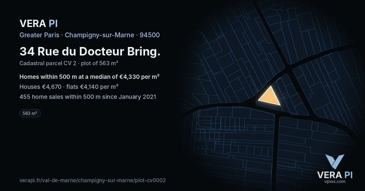 34 Rue du Docteur Bring, Champigny-sur-Marne at night – the plot lit, the parcels around coloured by the prices near them