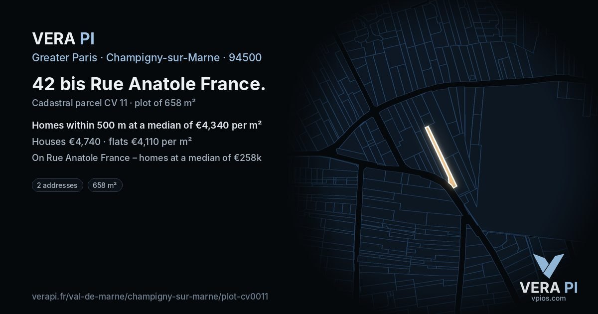 42 bis Rue Anatole France, Champigny-sur-Marne at night – the plot lit, the parcels around coloured by the prices near them