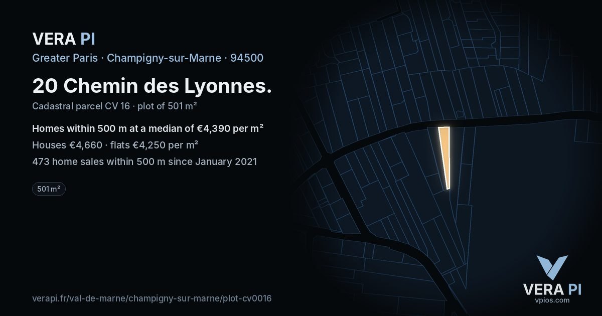 20 Chemin des Lyonnes, Champigny-sur-Marne at night – the plot lit, the parcels around coloured by the prices near them