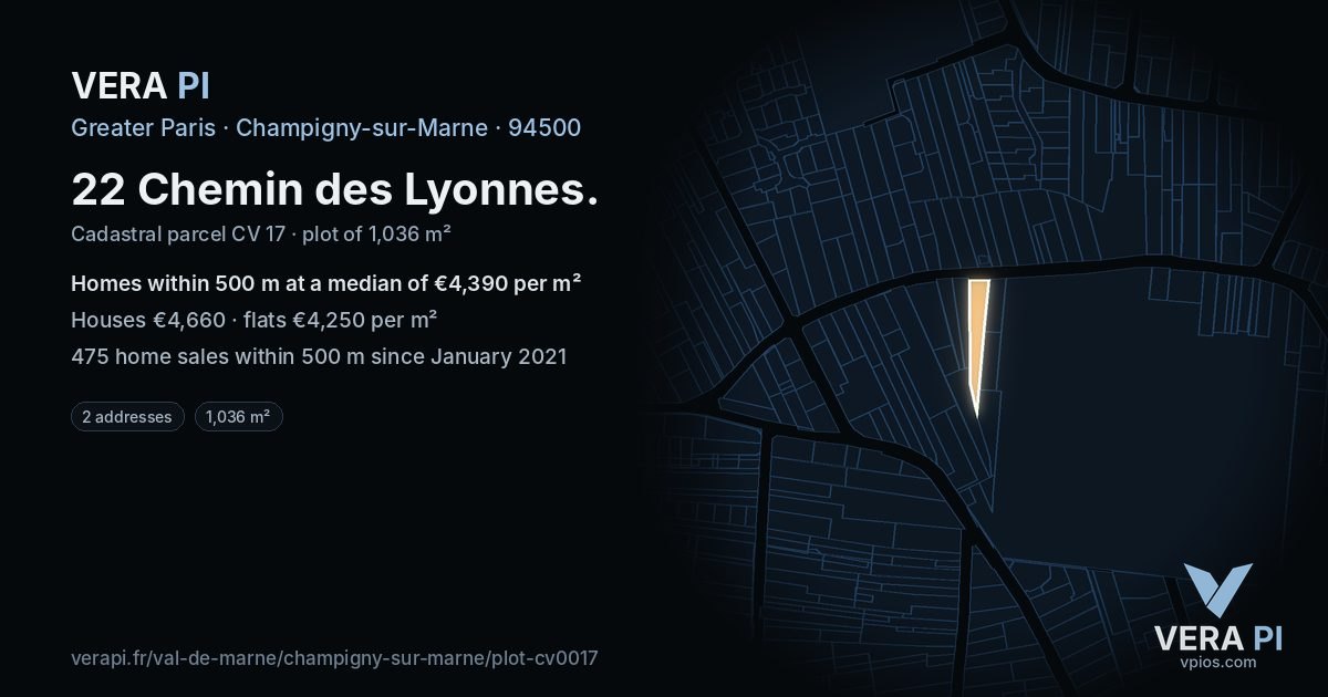 22 Chemin des Lyonnes, Champigny-sur-Marne at night – the plot lit, the parcels around coloured by the prices near them