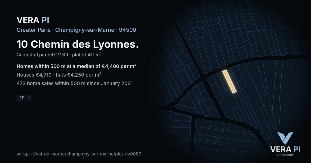 10 Chemin des Lyonnes, Champigny-sur-Marne at night – the plot lit, the parcels around coloured by the prices near them