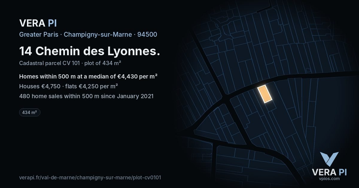 14 Chemin des Lyonnes, Champigny-sur-Marne at night – the plot lit, the parcels around coloured by the prices near them