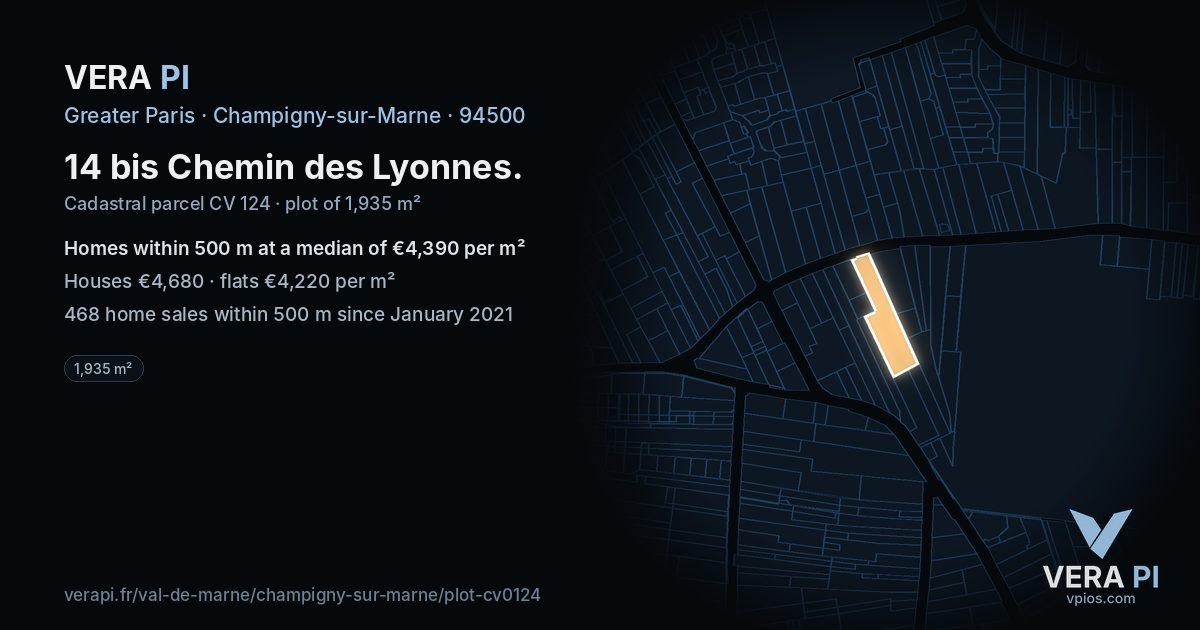 14 bis Chemin des Lyonnes, Champigny-sur-Marne at night – the plot lit, the parcels around coloured by the prices near them