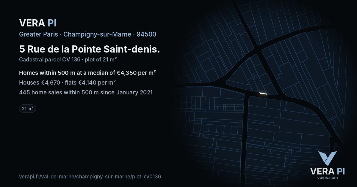 5 Rue de la Pointe Saint-denis, Champigny-sur-Marne at night – the plot lit, the parcels around coloured by the prices near them